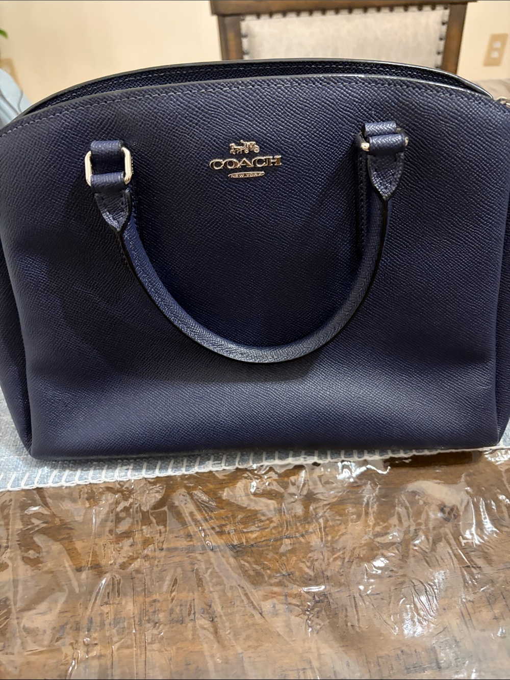 Coach Navy Saffiano Dome Satchel with Gold Hardware